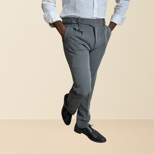 Men's light grey gurkha pants | premium formal trousers with side buckles & pleated design