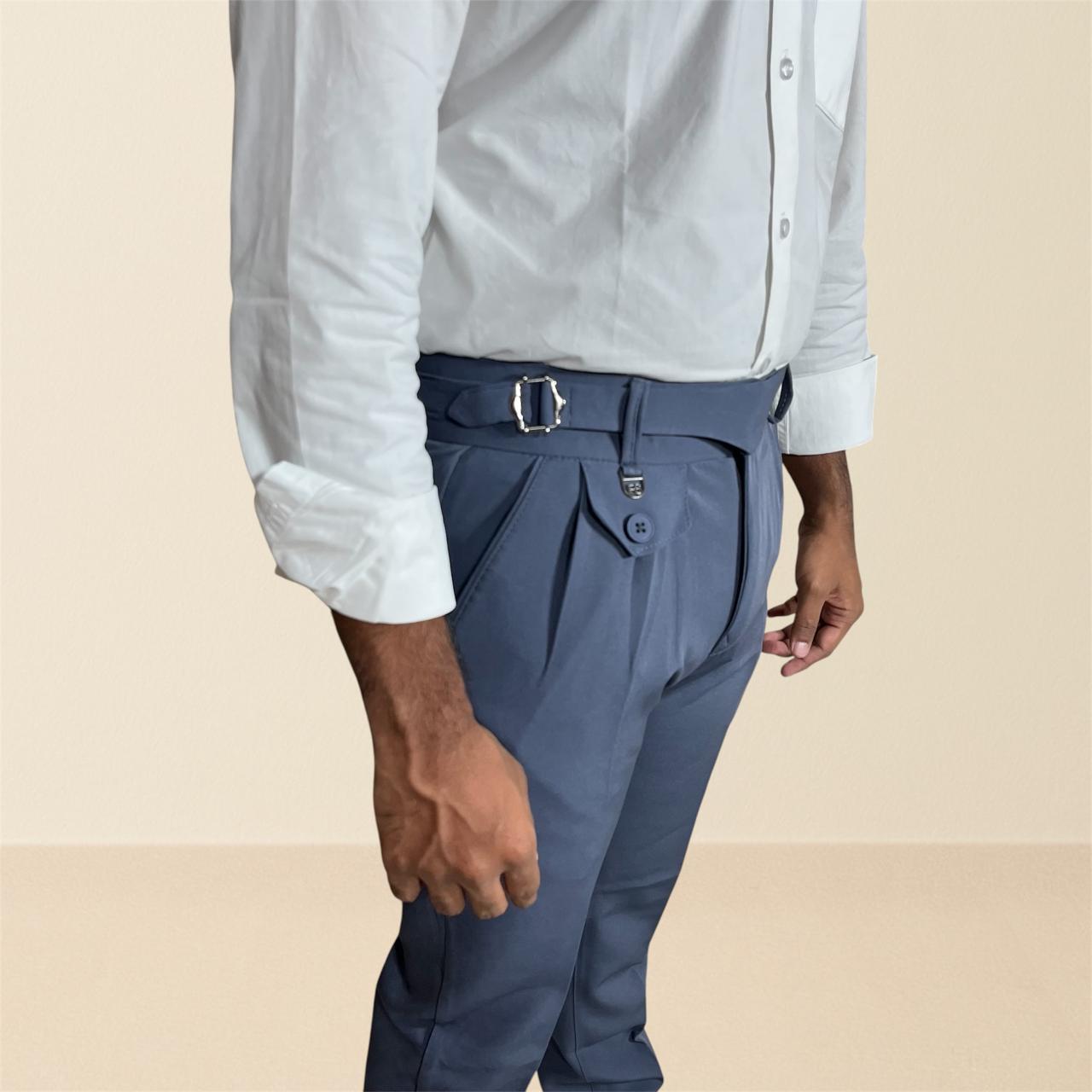Men's steel blue gurkha pants | premium formal trousers with single side buckle & pleated design