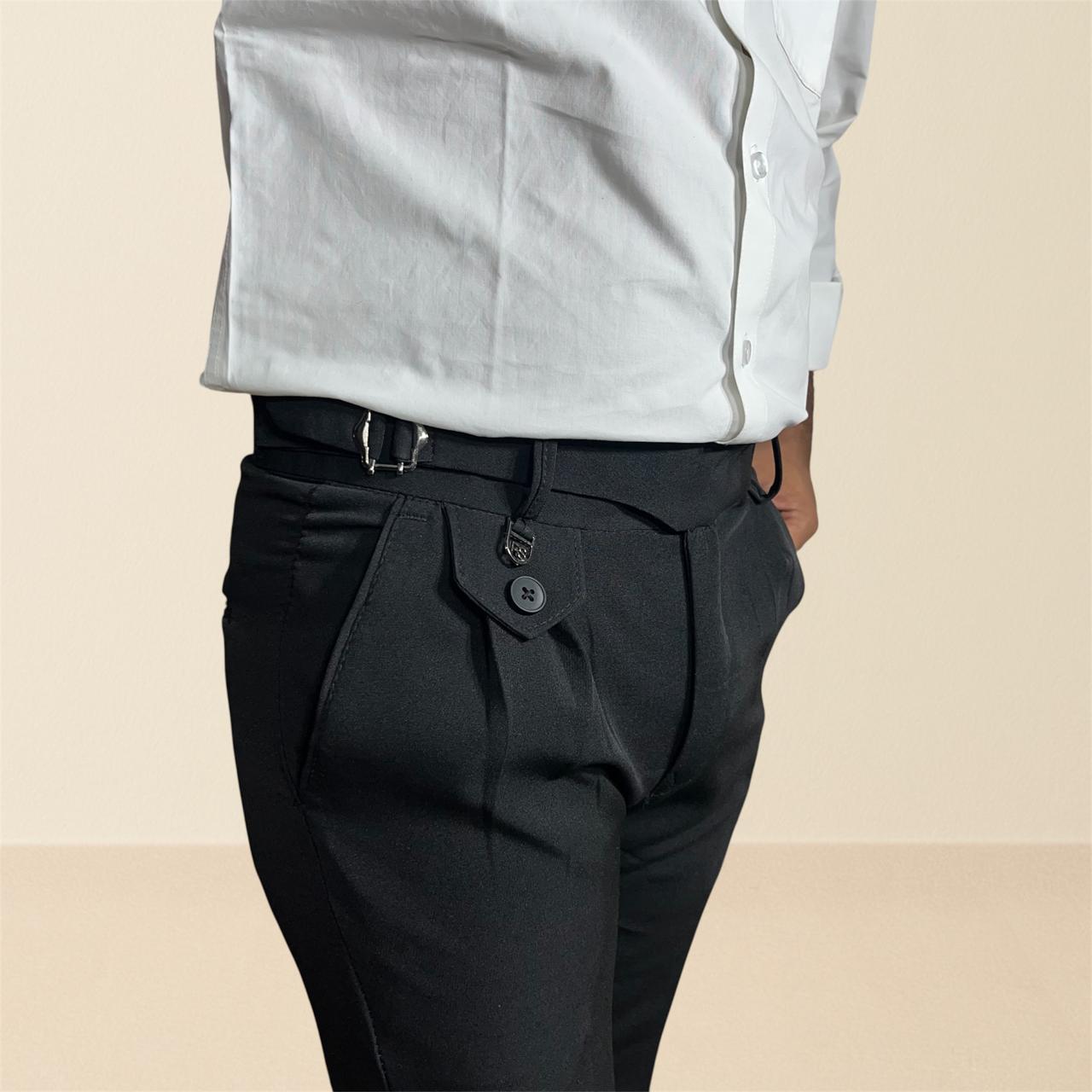 Men's classic black gurkha pants | premium formal trousers with single sided buckle & pleated design