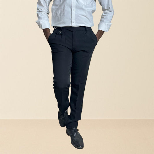 Men's classic black gurkha pants | premium formal trousers with single sided buckle & pleated design