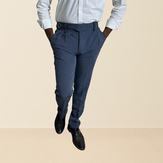 Men's steel blue gurkha pants | premium formal trousers with single side buckle & pleated design