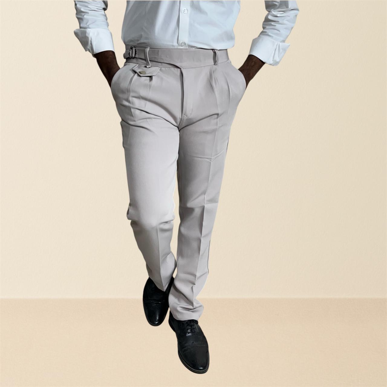 Men's beige gurkha pants | premium formal trousers with single buckle & pleated design