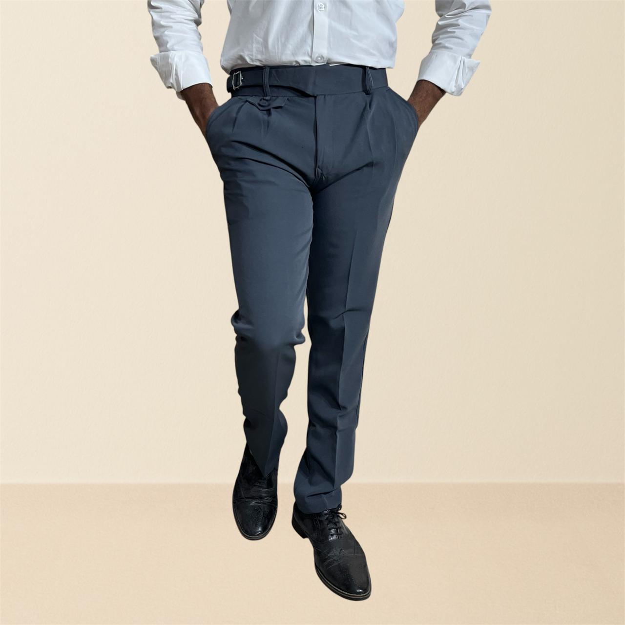 Men's charcoal grey gurkha pants | premium formal trousers with single side buckle & pleated design