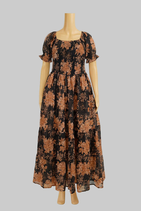 Women's black printed sundress with puff sleeve