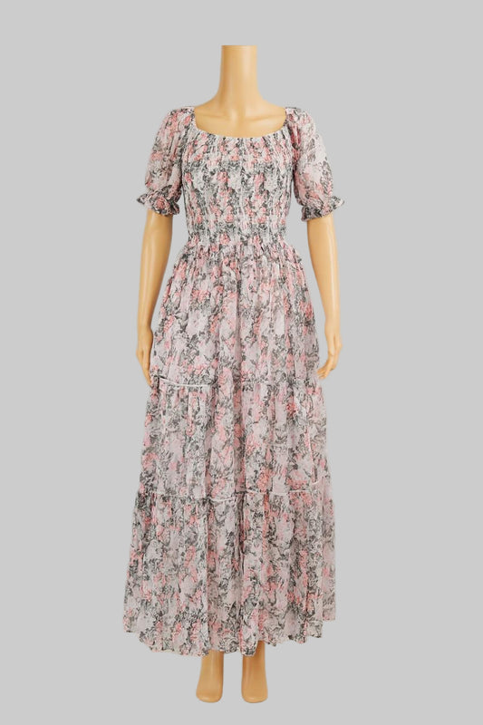 Women's white floral printed sundress with puff sleeve