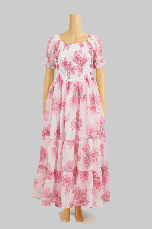 Women's white & pink flower printed sundress with puff sleeve