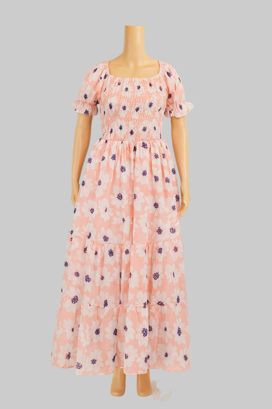 Women's mild orange printed sundress with puff sleeve