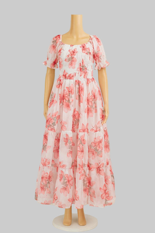 Women's white & red flower printed sundress with puff sleeve