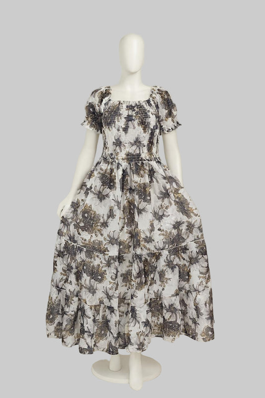 Women's grey & black printed sundress with puff sleeve