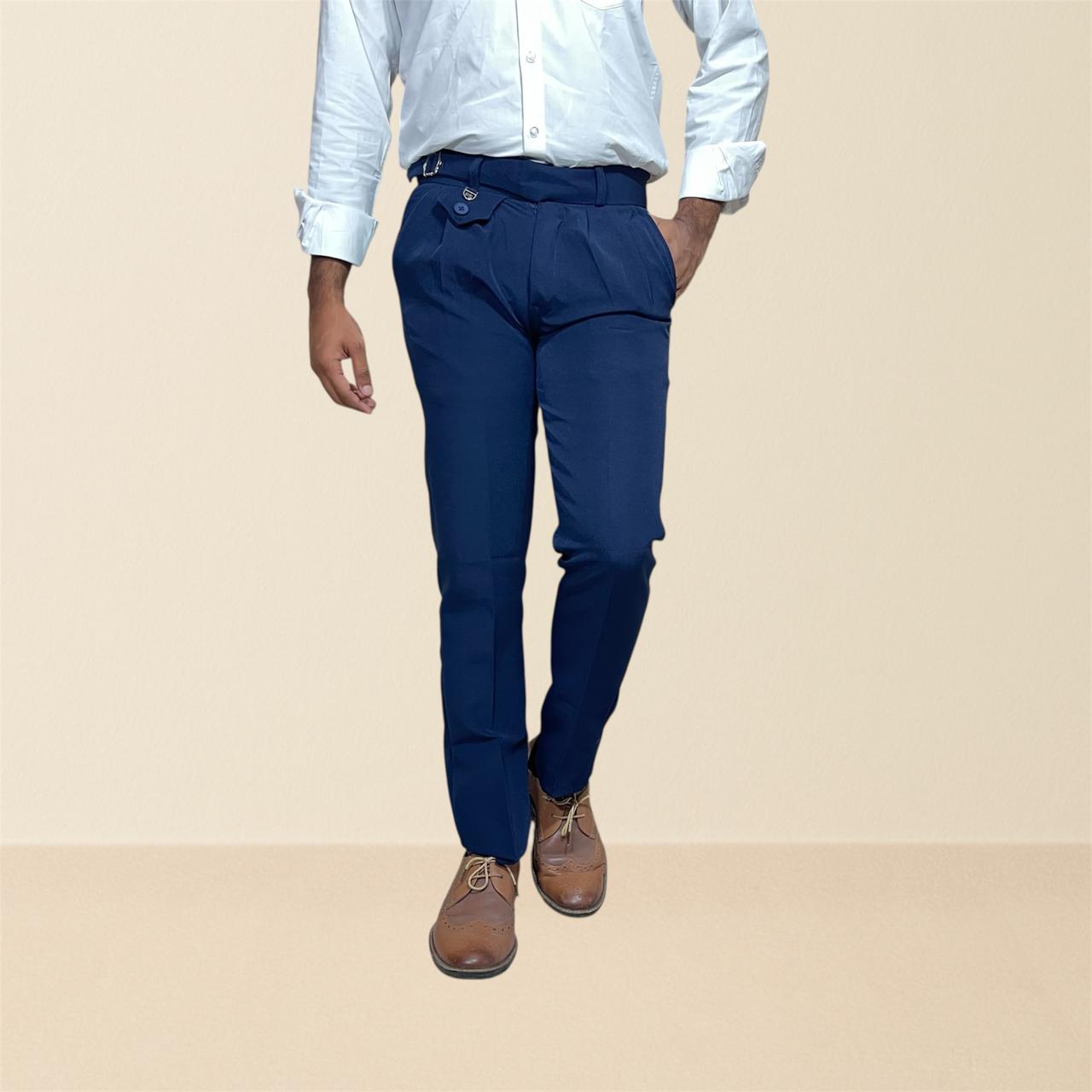 Men's navy blue gurkha pants | premium formal trousers with single buckle & pleated design