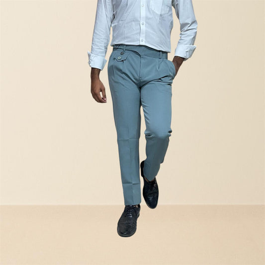 Men's pastel teal gurkha pants | premium formal trousers with single side buckle & pleated design