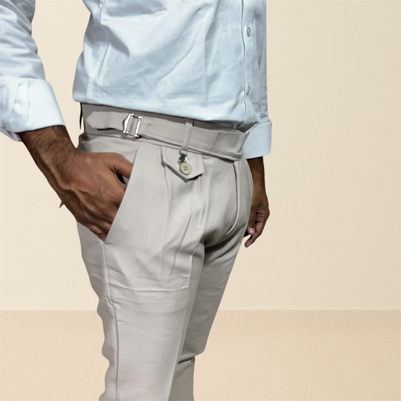 Men's khaki gurkha pants | premium formal trousers with single sided buckle & pleated design