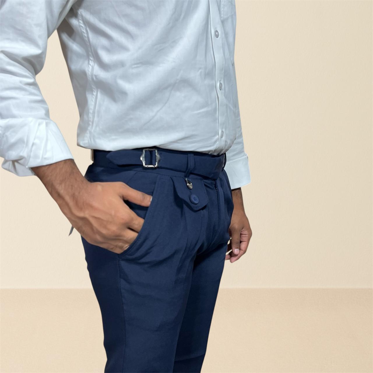 Men's navy blue gurkha pants | premium formal trousers with single buckle & pleated design
