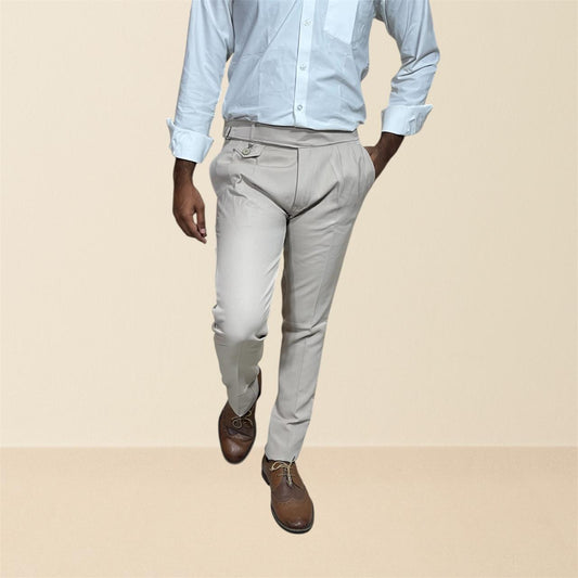 Men's khaki gurkha pants | premium formal trousers with single sided buckle & pleated design