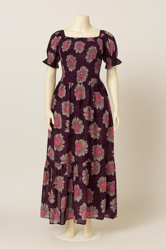 Women's violet floral printed sundress with puff sleeve
