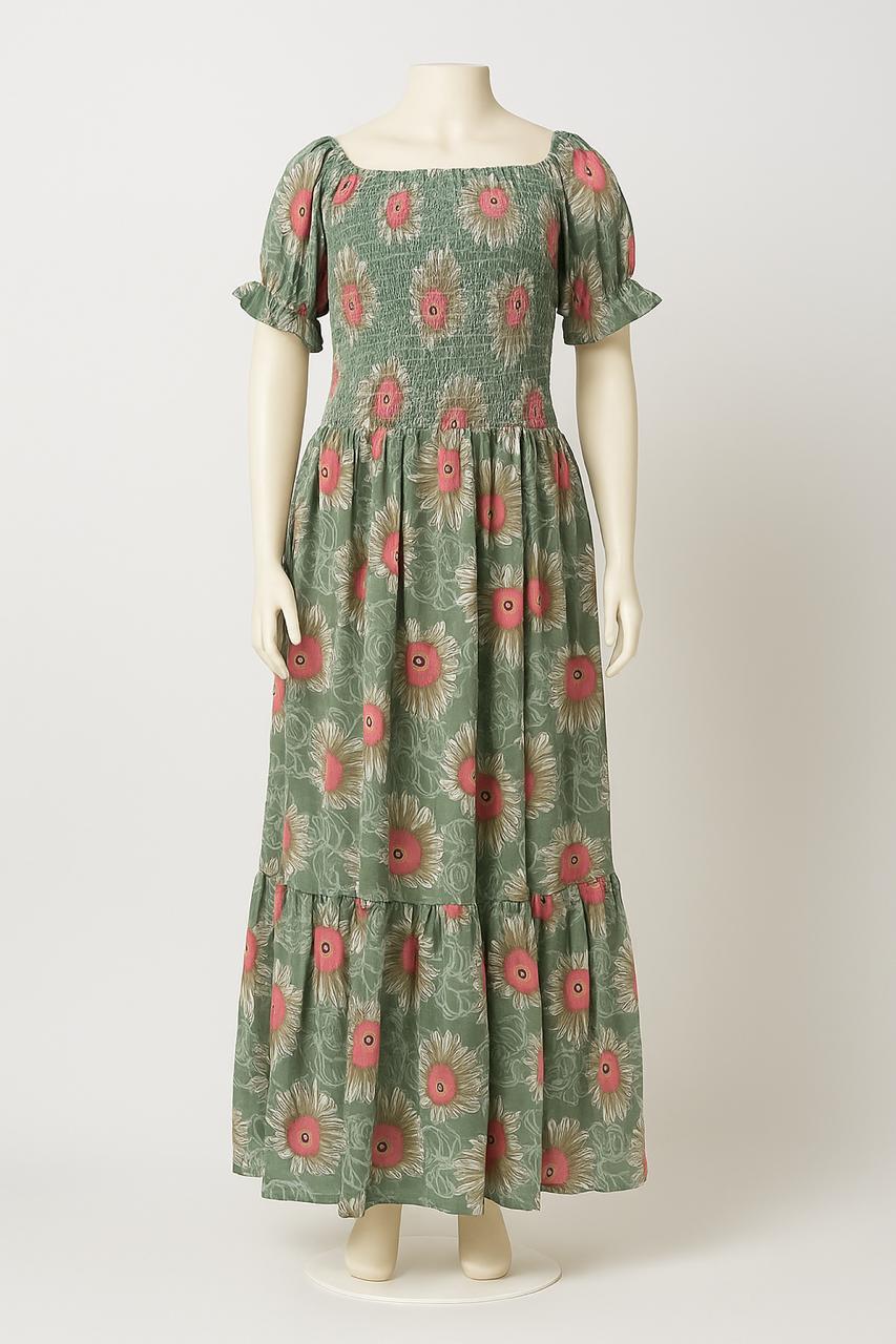 Women's muted green sundress with puff sleeve