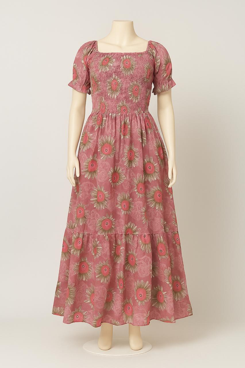 Women's muted pink floral printed sundress with puff sleeve