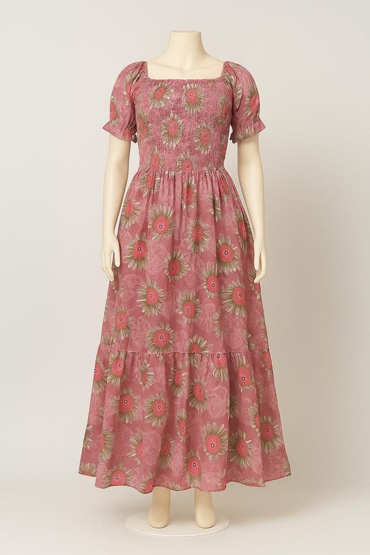 Women's muted pink floral printed sundress with puff sleeve