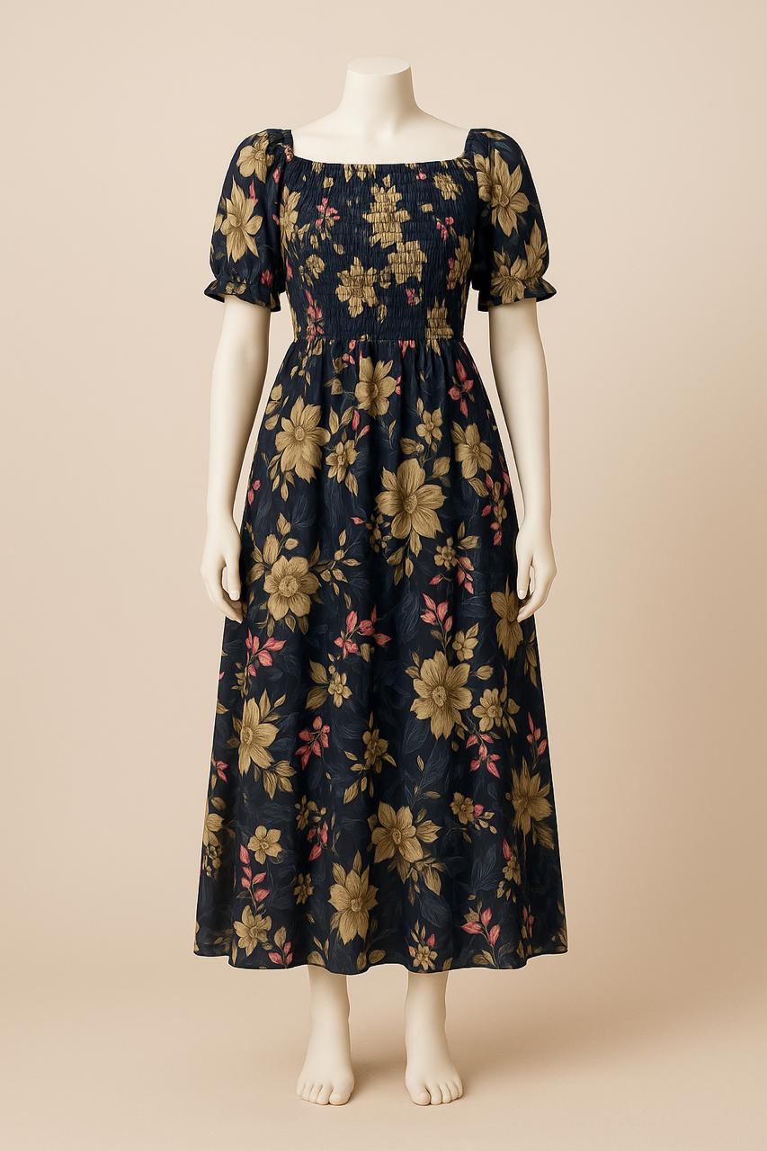 Women's black flower printed sundress with puff sleeve