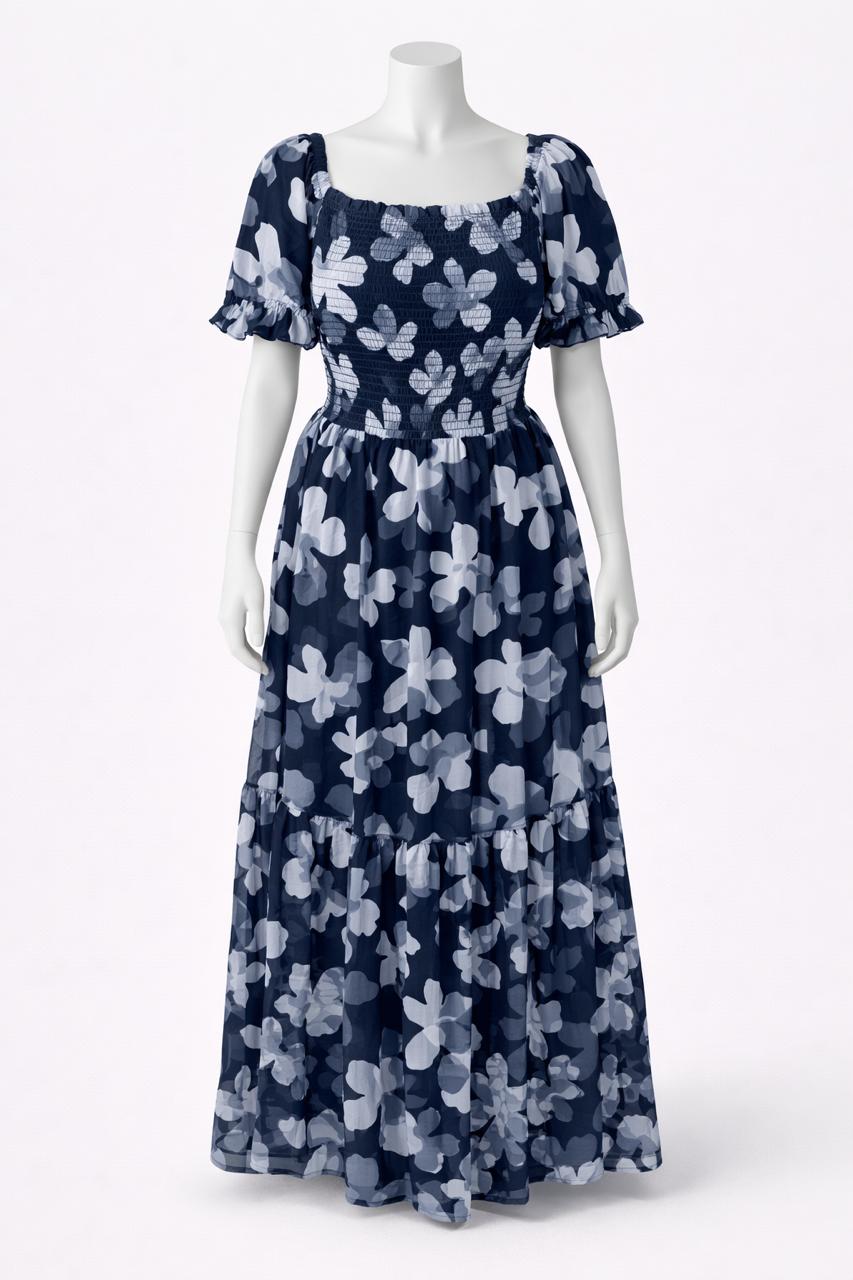 Women's navy blue printed sundress with puff sleeve