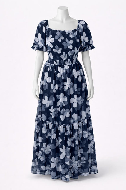 Women's navy blue printed sundress with puff sleeve