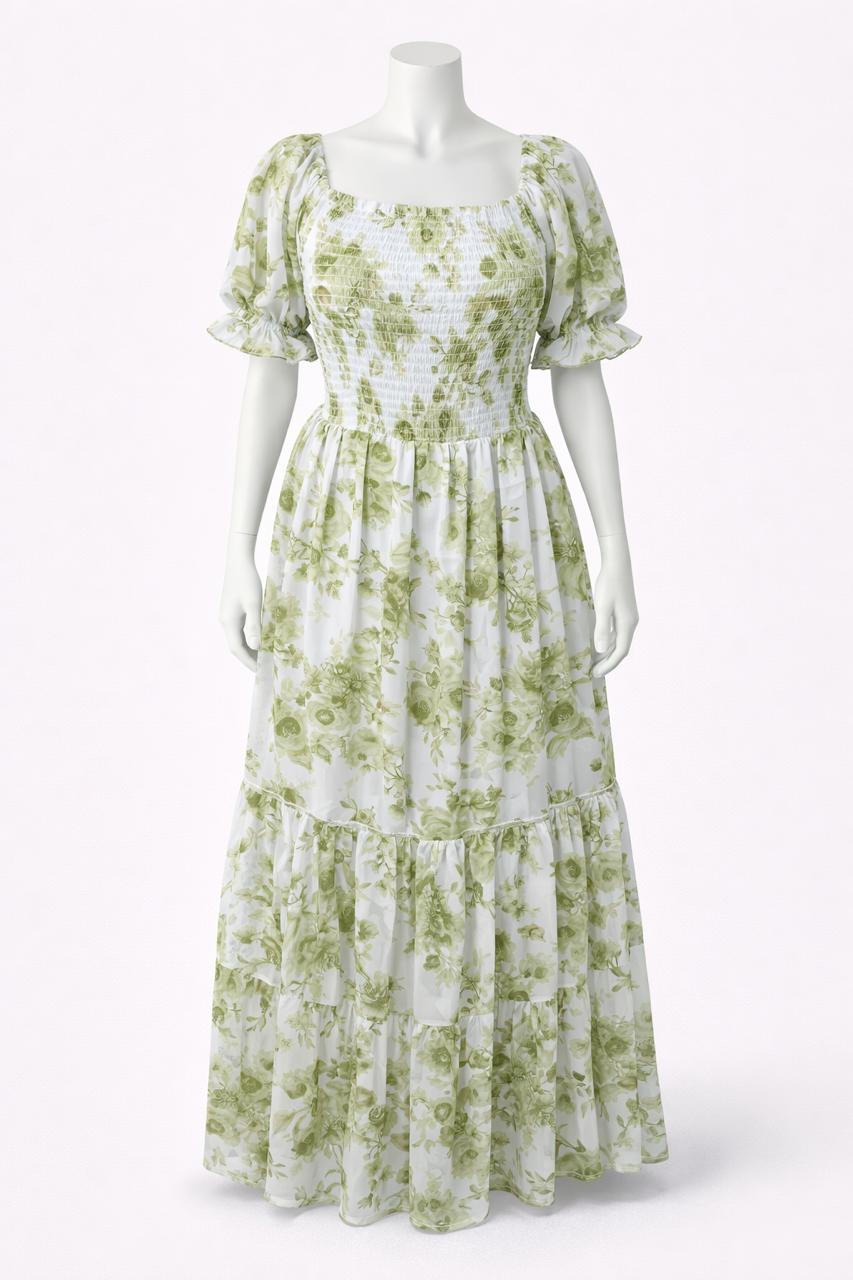 Women's white & green printed sundress with puff sleeve