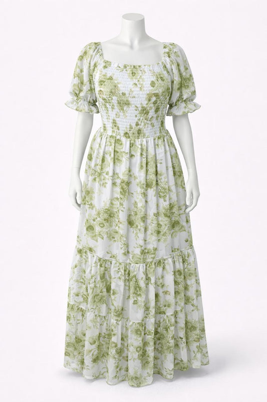 Women's white & green printed sundress with puff sleeve