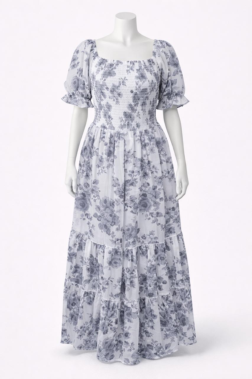 Women's white & blue printed sundress with puff sleeve