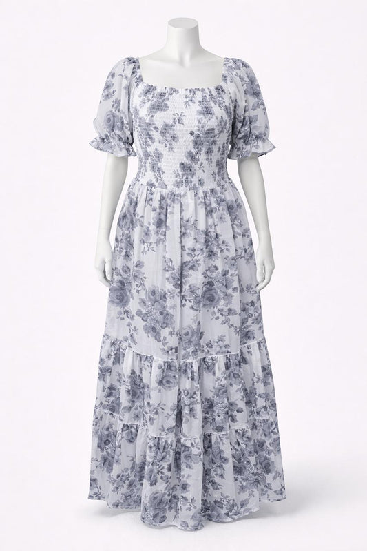 Women's white & blue printed sundress with puff sleeve