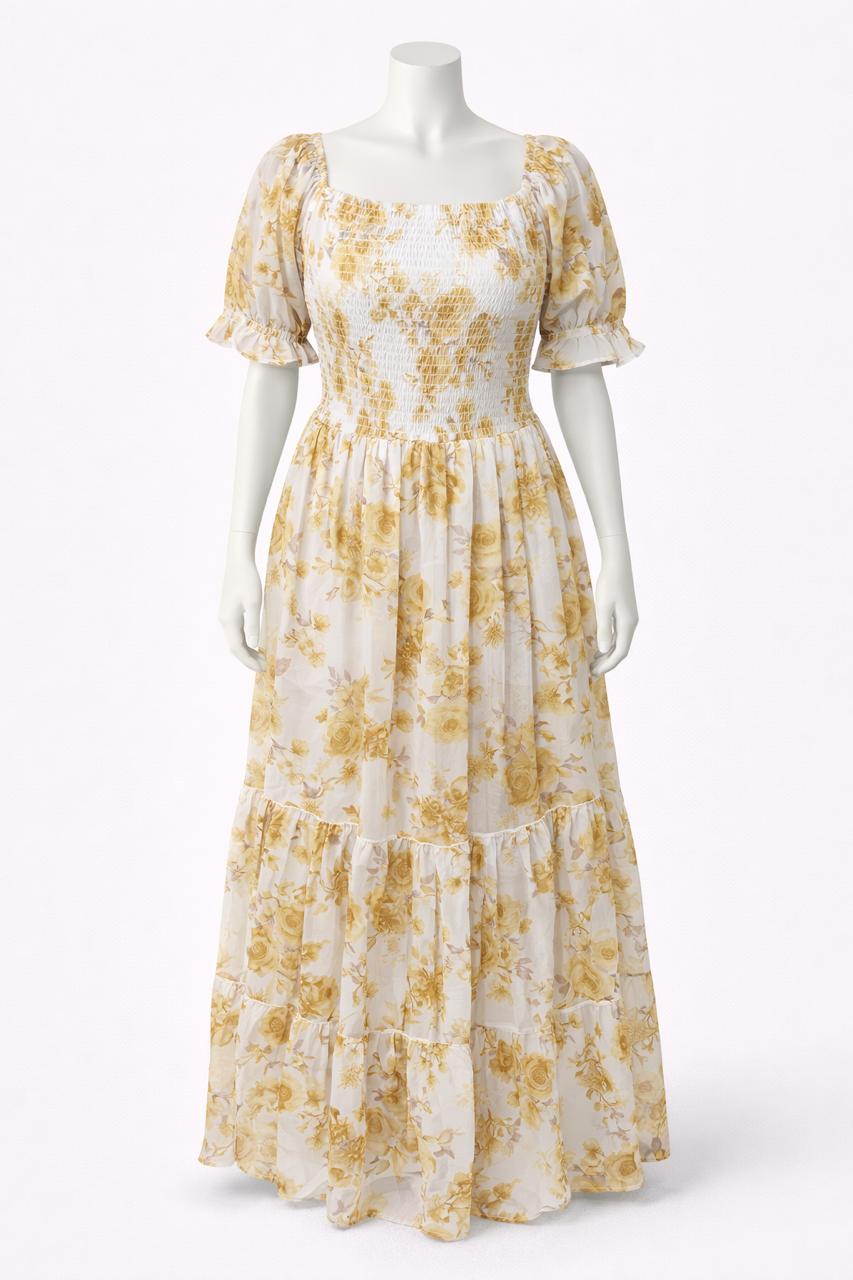 Men's white & orange printed sundress with puff sleeve