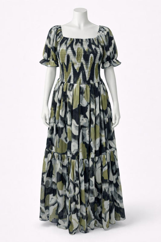 Women's black & green printed sundress with puff sleeve