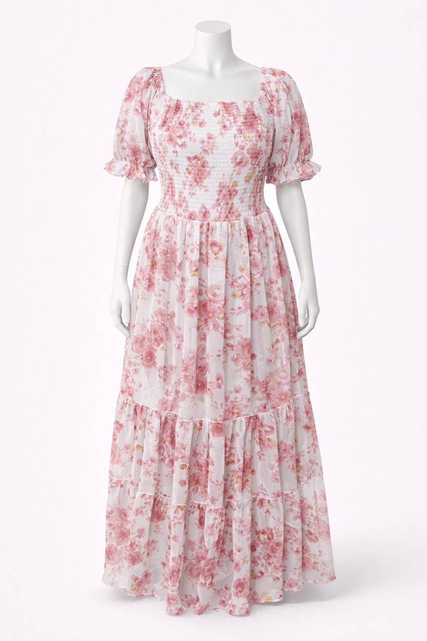 Women's white & pink floral printed sundress with puff sleeve