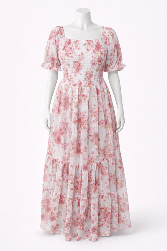 Women's white & pink floral printed sundress with puff sleeve