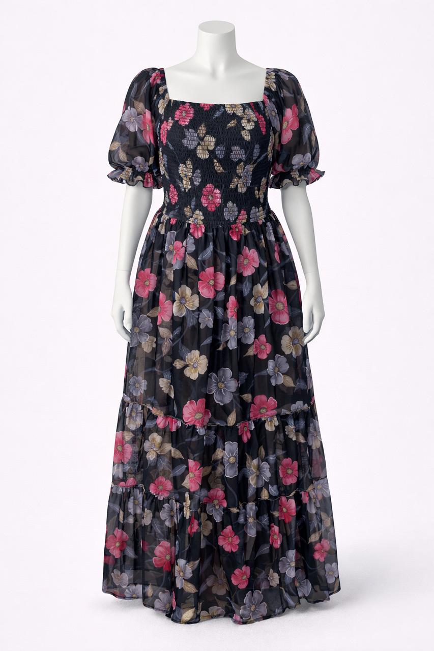 Women's black floral printed sundress with puff sleeve