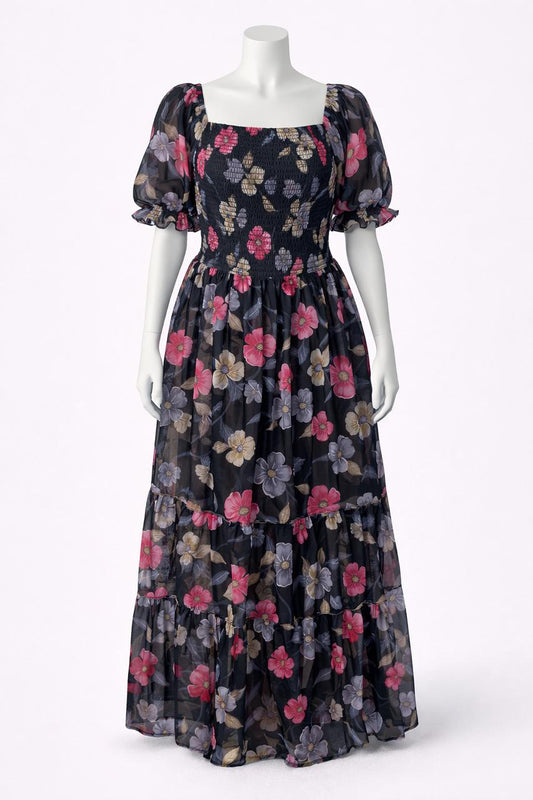 Women's black floral printed sundress with puff sleeve