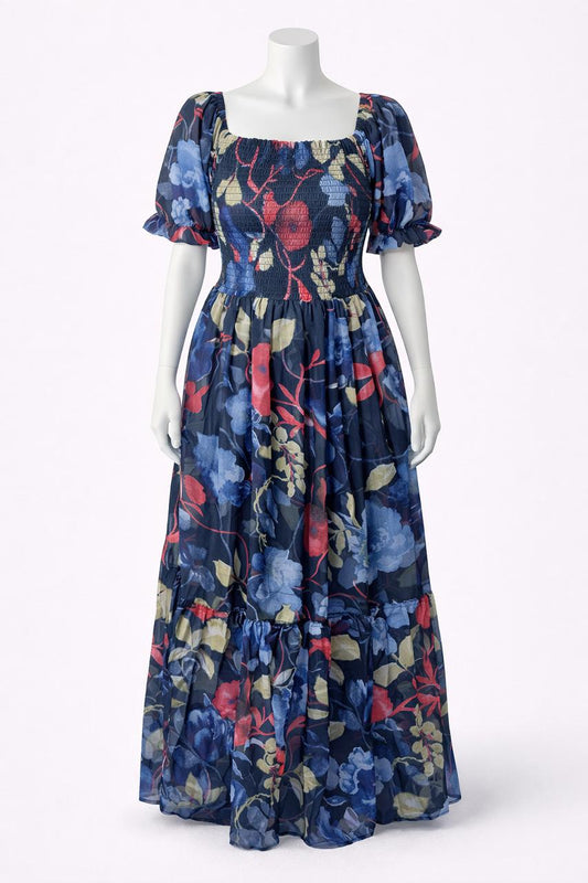Women's navy blue floral printed sundress with puff sleeve