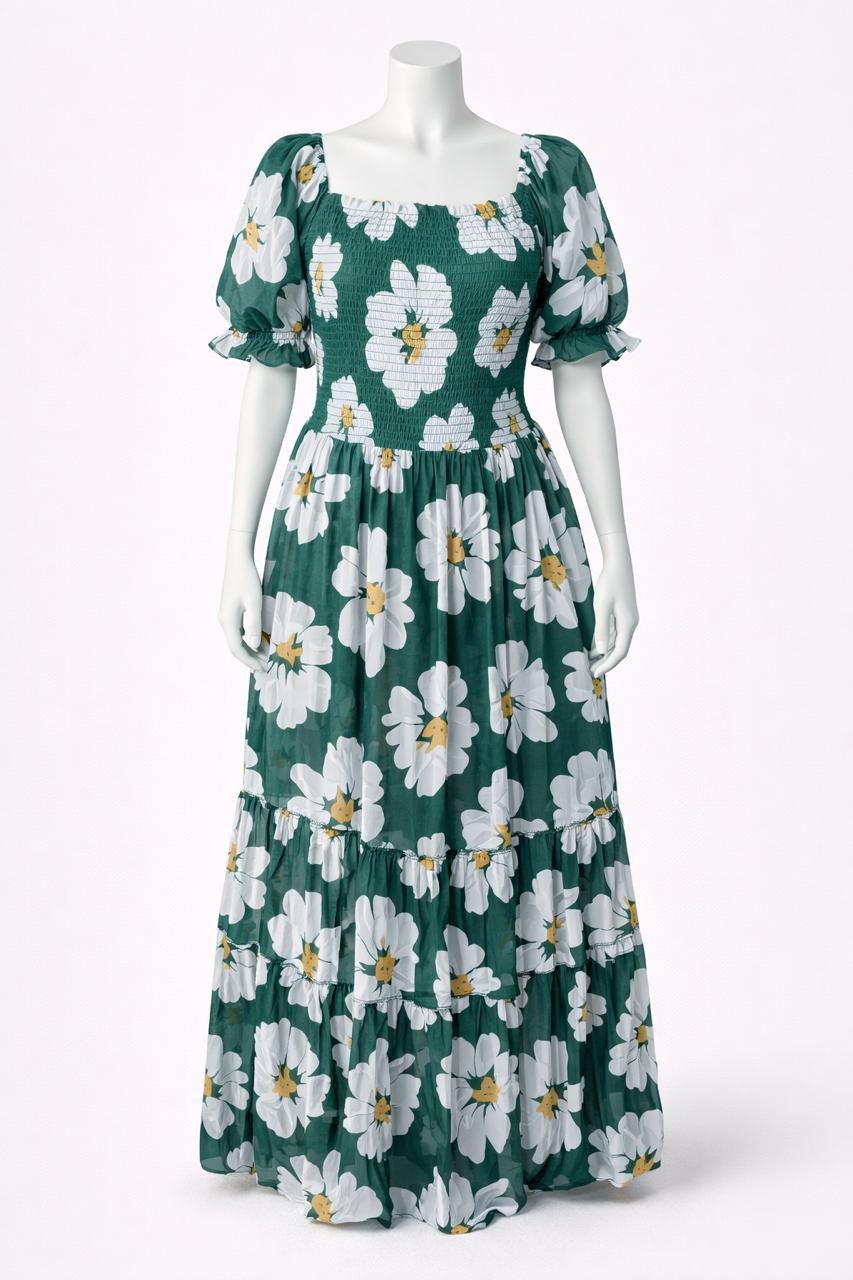 Women's green & white flower printed sundress with puff sleeve