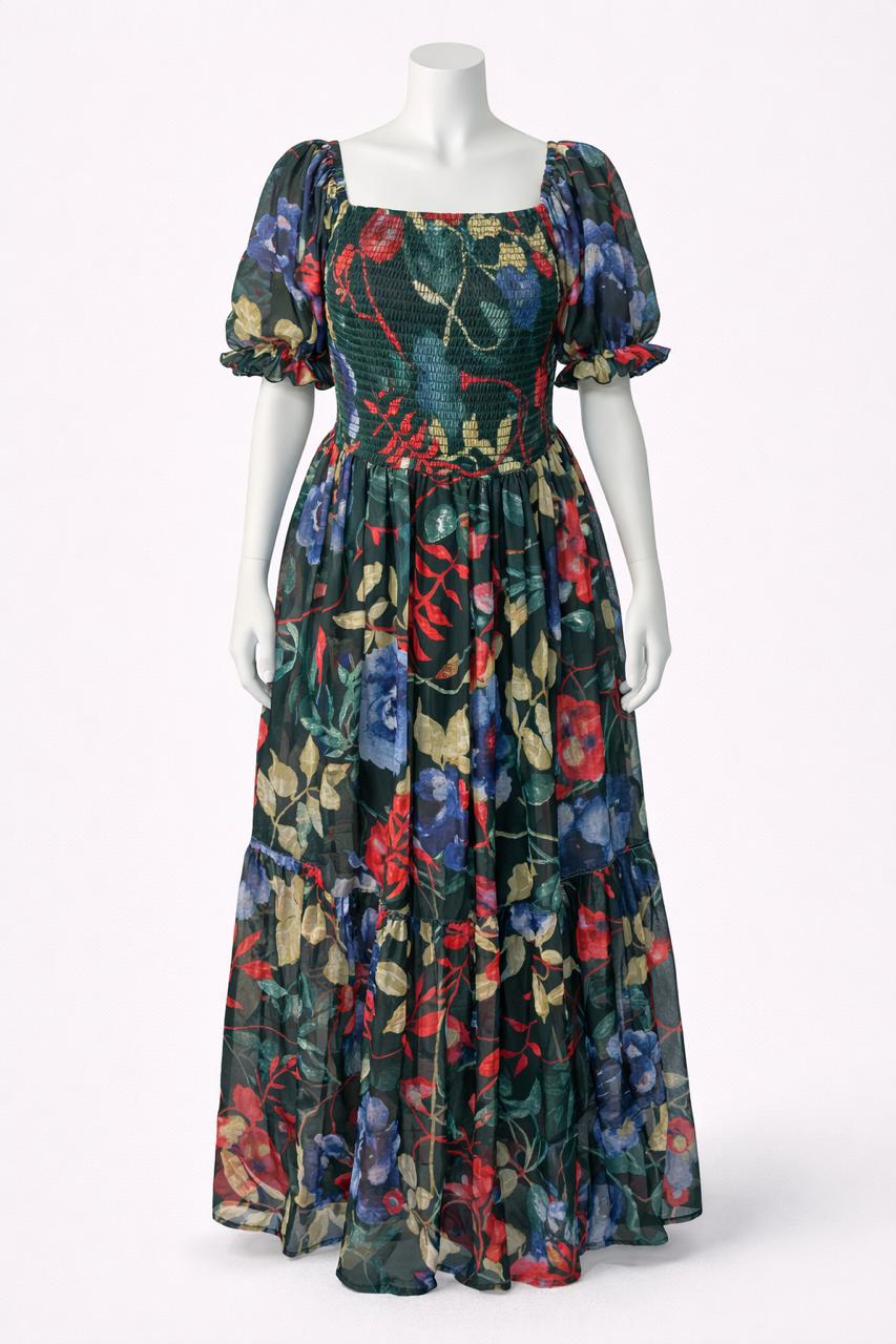 Women's green flower printed sundress with puff sleeve