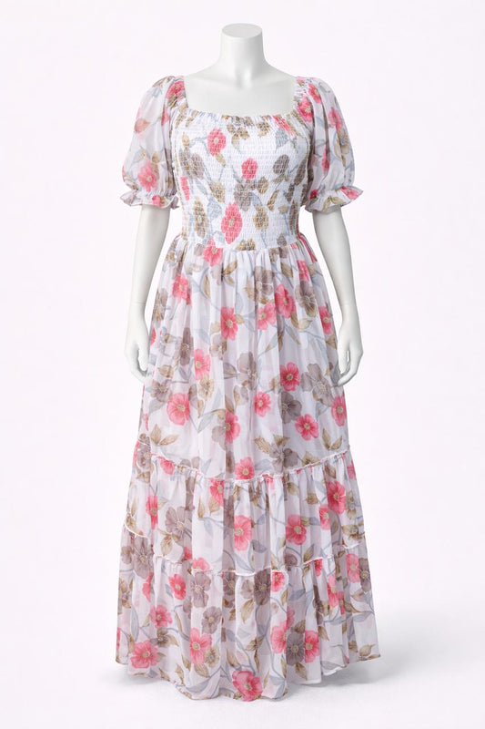 Women's white flower printed sundress with puff sleeve
