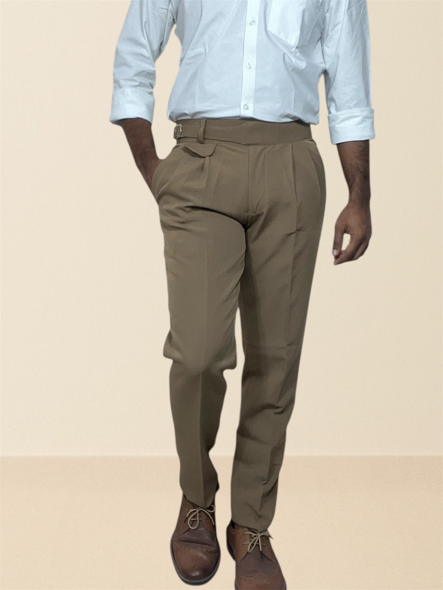 Men's caramel brown  gurkha pants | premium formal trousers with single sided buckle & pleated design