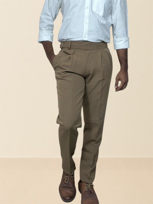 Men's caramel brown  gurkha pants | premium formal trousers with single sided buckle & pleated design