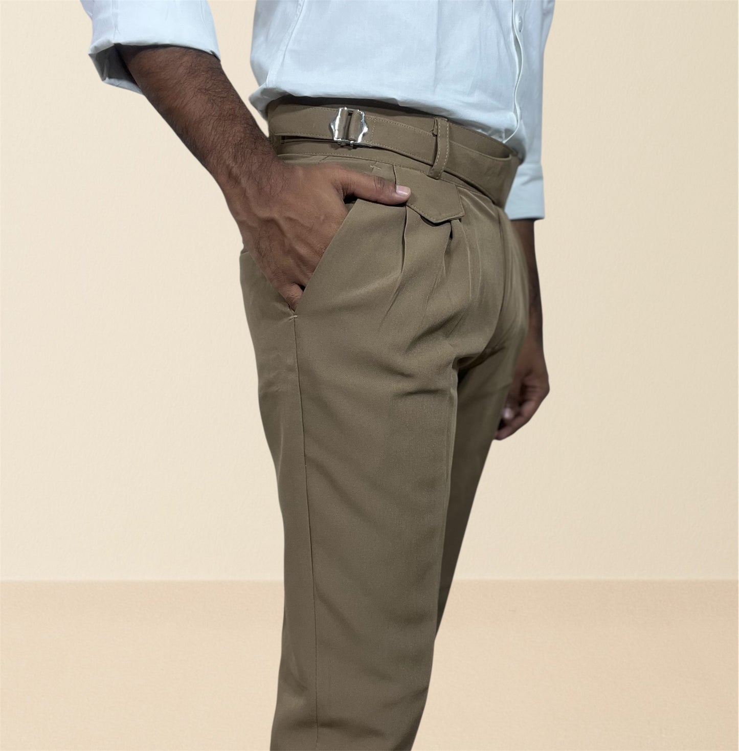 Men's caramel brown  gurkha pants | premium formal trousers with single sided buckle & pleated design