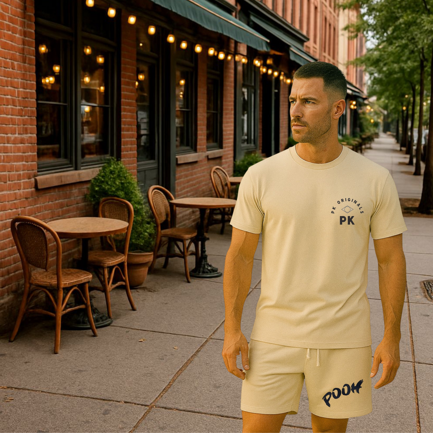 PK originals men's co-ord set - beige graphic tee & shorts
