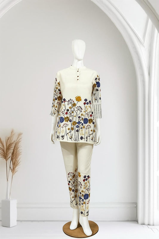 Elegant cream floral printed linen co-ords