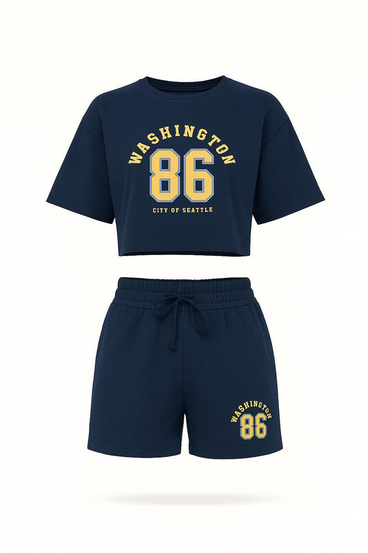Women's relaxed-fit navy blue graphic crop-top & shorts co-ord set