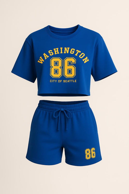 women's relaxed-fit blue graphic crop top & shorts co-ord set