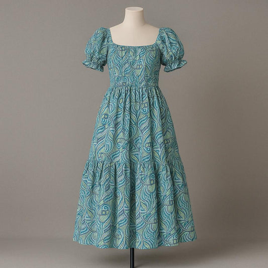 women's blue & sea green printed sundress with puff sleeve