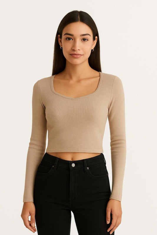 Stylish beige knitted crop top | Full sleeves