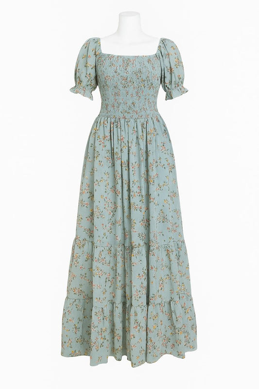 Women's matt blue printed sundress with puff sleeve