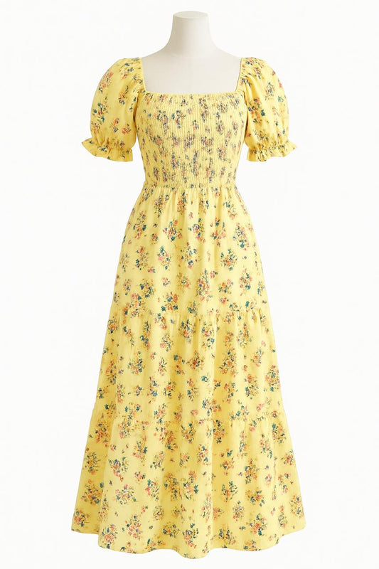 Women's mild yellow printed sundress with puff sleeve